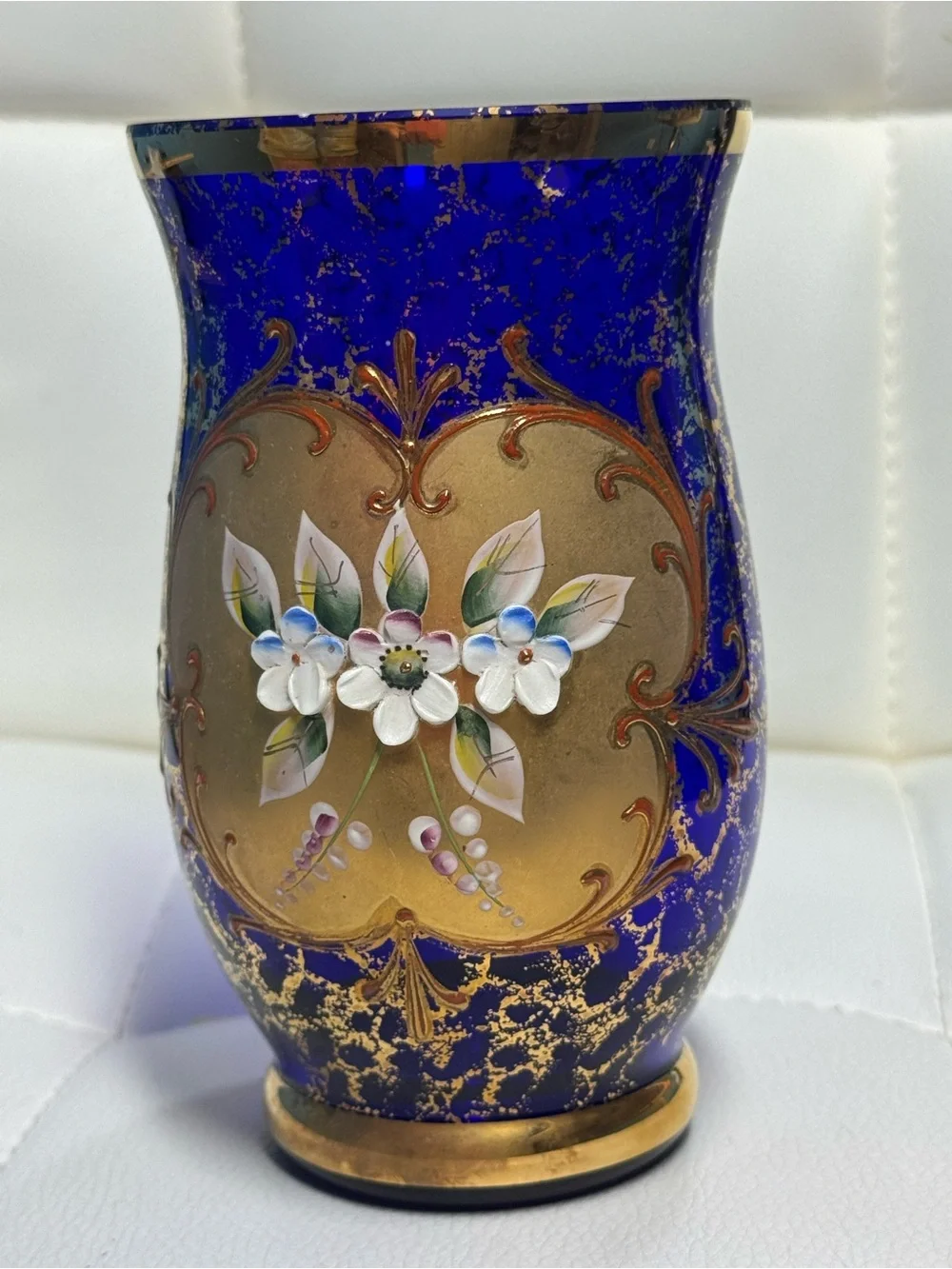 Vintage Bohemian Cobalt Blue Glass Vase with Gold Gilded Detailing and Raised En